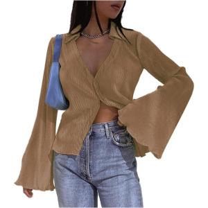 imageLYANER Womens Deep V Neck Button Front Bell Long Sleeve Blouse Shirt TopLight Brown