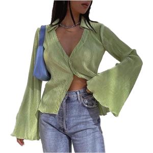 imageLYANER Womens Deep V Neck Button Front Bell Long Sleeve Blouse Shirt TopLight Green