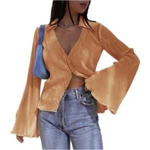 imageLYANER Womens Deep V Neck Button Front Bell Long Sleeve Blouse Shirt TopOrange