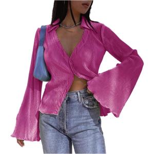 imageLYANER Womens Deep V Neck Button Front Bell Long Sleeve Blouse Shirt TopRose