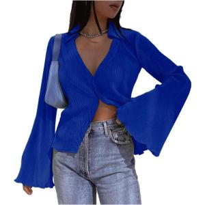 imageLYANER Womens Deep V Neck Button Front Bell Long Sleeve Blouse Shirt TopRoyal Blue