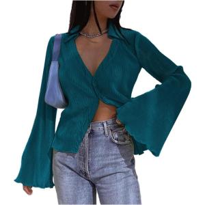 imageLYANER Womens Deep V Neck Button Front Bell Long Sleeve Blouse Shirt TopTeal