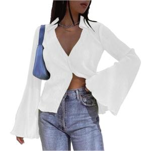 imageLYANER Womens Deep V Neck Button Front Bell Long Sleeve Blouse Shirt TopWhite