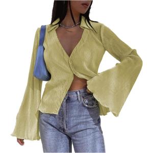 imageLYANER Womens Deep V Neck Button Front Bell Long Sleeve Blouse Shirt TopYellow
