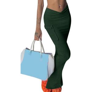 imageLYANER Womens High Waist Ruched Split Solid Pencil Long Maxi Skirt with Flap PocketsDark Green