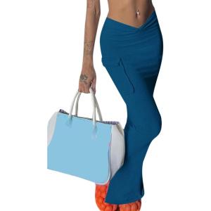 imageLYANER Womens High Waist Ruched Split Solid Pencil Long Maxi Skirt with Flap PocketsLake Blue