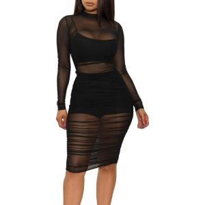 imageLYANER Womens Mesh Dress Long Sleeve Bodycon 3 Piece Outfits with Cami ShortsBlack