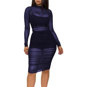 imageLYANER Womens Mesh Dress Long Sleeve Bodycon 3 Piece Outfits with Cami ShortsDark Blue