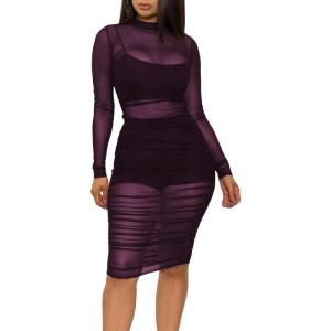 imageLYANER Womens Mesh Dress Long Sleeve Bodycon 3 Piece Outfits with Cami ShortsDark Purple