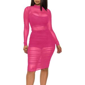 imageLYANER Womens Mesh Dress Long Sleeve Bodycon 3 Piece Outfits with Cami ShortsRose
