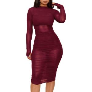 imageLYANER Womens Mesh Dress Long Sleeve Bodycon 3 Piece Outfits with Cami ShortsWine Red
