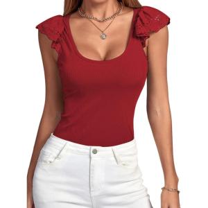 imageLYANER Womens Ribbed Knit Square Neck Sleeveless Tank Top Ruffle Cap Sleeve Shirt BlouseBurgundy