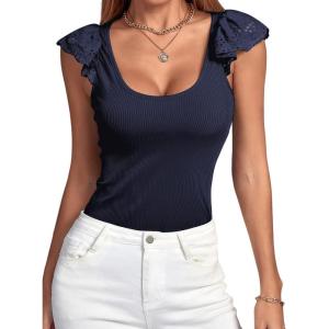 imageLYANER Womens Ribbed Knit Square Neck Sleeveless Tank Top Ruffle Cap Sleeve Shirt BlouseNavy