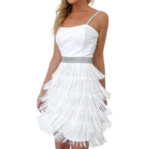 imageLYANER Womens Strappy Layered Fringe Cami Midi Dress Sleeveless Tassels Flapper DressesSolid White