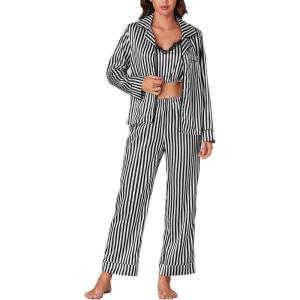 imageLYANER Womens Striped Satin Silky Pajamas Set Cami Long Sleeve Shirt With Pants 3Pcs Lounge SleepwearBlack