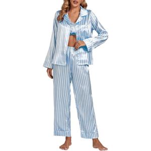 imageLYANER Womens Striped Satin Silky Pajamas Set Cami Long Sleeve Shirt With Pants 3Pcs Lounge SleepwearBlue