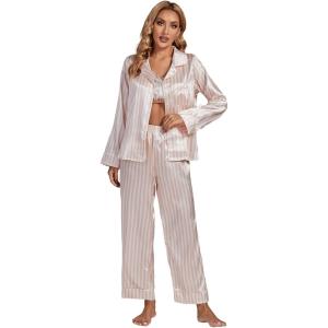 imageLYANER Womens Striped Satin Silky Pajamas Set Cami Long Sleeve Shirt With Pants 3Pcs Lounge SleepwearDark Pink