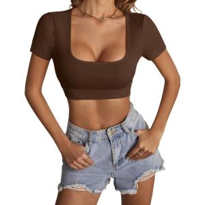 imageLYANER Womens Summer Crop Tops Square Neck Short Sleeve Workout Shirt Going Out Sexy Top Basic Slim Fit TeesBrown