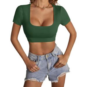 imageLYANER Womens Summer Crop Tops Square Neck Short Sleeve Workout Shirt Going Out Sexy Top Basic Slim Fit TeesDark Green