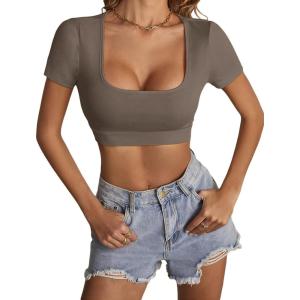 imageLYANER Womens Summer Crop Tops Square Neck Short Sleeve Workout Shirt Going Out Sexy Top Basic Slim Fit TeesGray