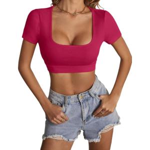 imageLYANER Womens Summer Crop Tops Square Neck Short Sleeve Workout Shirt Going Out Sexy Top Basic Slim Fit TeesRose