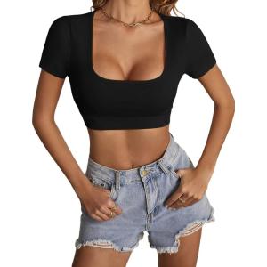 imageLYANER Womens Summer Crop Tops Square Neck Short Sleeve Workout Shirt Going Out Sexy Top Basic Slim Fit TeesSolid Black