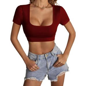 imageLYANER Womens Summer Crop Tops Square Neck Short Sleeve Workout Shirt Going Out Sexy Top Basic Slim Fit TeesWine Red