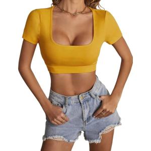 imageLYANER Womens Summer Crop Tops Square Neck Short Sleeve Workout Shirt Going Out Sexy Top Basic Slim Fit TeesYellow