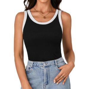 imageLYANER Womens Tank Tops Summer Sleeveless Casual Basic Cami Top Shirt Slim Fitted Ribbed Knit BlousesBlack