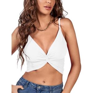 imageLYANER Womens Twist Knot Front Deep V Neck Rib Knit Sleeveless Cami Tank Crop TopSolid White