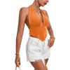 imageLYANER Womens Deep V Neck Halter Tie Back Sleeveless Asymmetrical Backless Cami Crop TopOrange