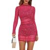 imageLYANER Womens Mesh Dress Long Sleeve Bodycon 3 Piece Outfits with Cami ShortsGlitter Rose