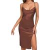 imageLYANER Womens Satin Drape Cowl Neck Sleeveless Strappy Cami Split Slit Party Midi DressBrown