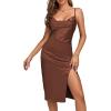 imageLYANER Womens Satin Drape Cowl Neck Sleeveless Strappy Cami Split Slit Party Midi DressBrown