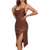 imageLYANER Womens Satin Drape Cowl Neck Sleeveless Strappy Cami Split Slit Party Midi DressBrown