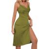 imageLYANER Womens Satin Drape Cowl Neck Sleeveless Strappy Cami Split Slit Party Midi DressOlive Green