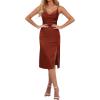 imageLYANER Womens Satin Drape Cowl Neck Sleeveless Strappy Cami Split Slit Party Midi DressRust Brown