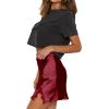 imageLYANER Womens Satin Lace Trim Split Slit Hem Zipper High Wasit Mini Short SkirtBurgundy
