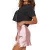 imageLYANER Womens Satin Lace Trim Split Slit Hem Zipper High Wasit Mini Short SkirtChampagne Pink
