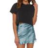 imageLYANER Womens Satin Lace Trim Split Slit Hem Zipper High Wasit Mini Short SkirtGrey Blue