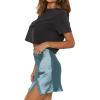 imageLYANER Womens Satin Lace Trim Split Slit Hem Zipper High Wasit Mini Short SkirtGrey Blue
