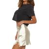 imageLYANER Womens Satin Lace Trim Split Slit Hem Zipper High Wasit Mini Short SkirtOffwhite