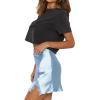 imageLYANER Womens Satin Lace Trim Split Slit Hem Zipper High Wasit Mini Short SkirtSky Blue