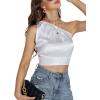 imageLYANER Womens Sexy Satin One Shoulder Tie Back Knot Sleeveless Crop Top Cami TankWhite