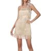 imageLYANER Womens Sexy Two Piece Outfit Fringe Sleeveless Cami and Short Skirt SetsBeige
