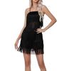imageLYANER Womens Sexy Two Piece Outfit Fringe Sleeveless Cami and Short Skirt SetsBlack