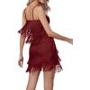 imageLYANER Womens Sexy Two Piece Outfit Fringe Sleeveless Cami and Short Skirt SetsBurgundy