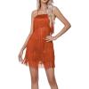 imageLYANER Womens Sexy Two Piece Outfit Fringe Sleeveless Cami and Short Skirt SetsBurnt Orange