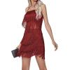 imageLYANER Womens Sexy Two Piece Outfit Fringe Sleeveless Cami and Short Skirt SetsRed
