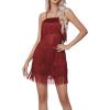 imageLYANER Womens Sexy Two Piece Outfit Fringe Sleeveless Cami and Short Skirt SetsRed